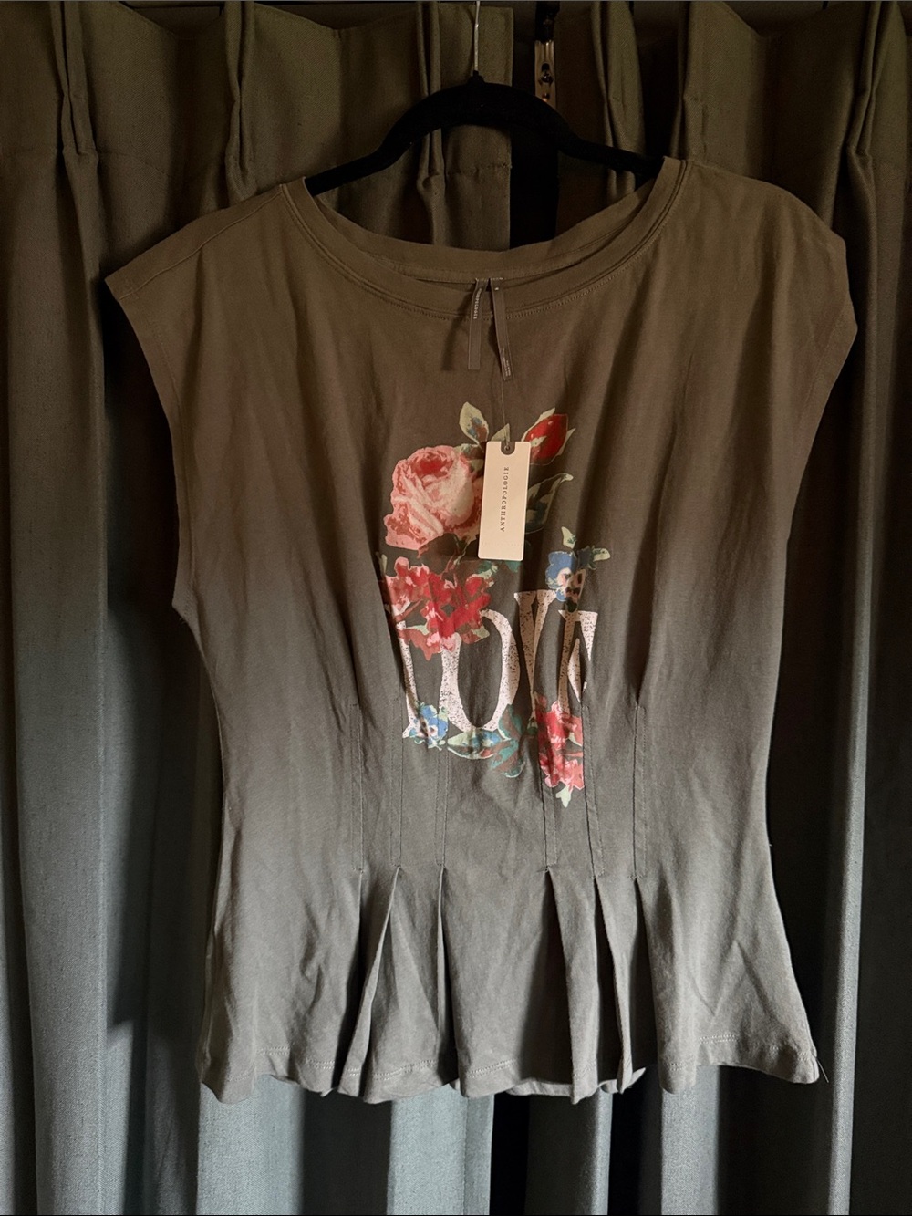 NWT Anthropologie Women’s Olive Green Floral Peplum T-shirt Top